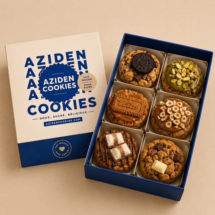 Coffret Aziden Cookies bleu et crème ouvert, six cookies dans leurs compartiments individuels